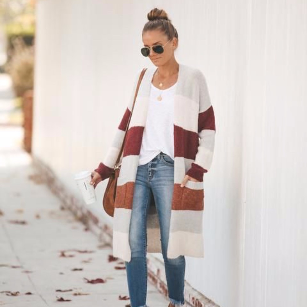 VICI Striped Knit Pocketed Open Front Cardigan